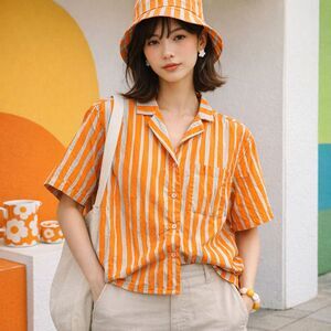 Marimekko x Uniqlo Orange Gray Stripe Button Up Shirt Top  Women's Size Medium